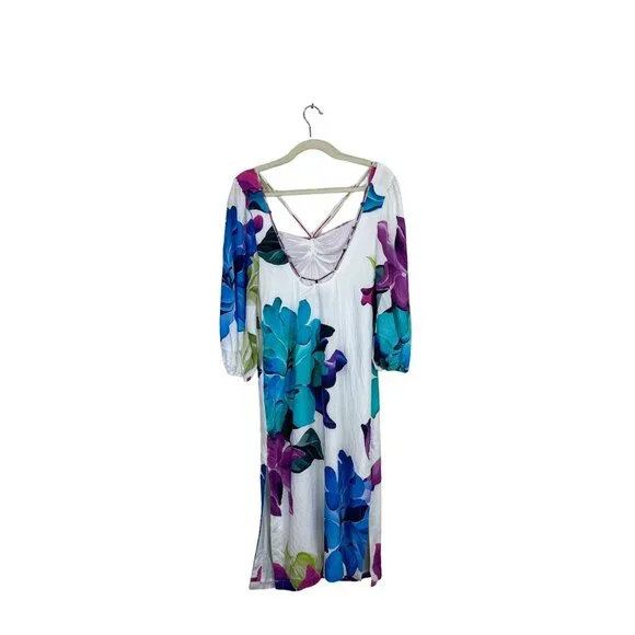 Maeve Anthropologie Women Size 0 Dress Puff Sleeve White Purple Blue Floral NEW - Picture 8 of 10